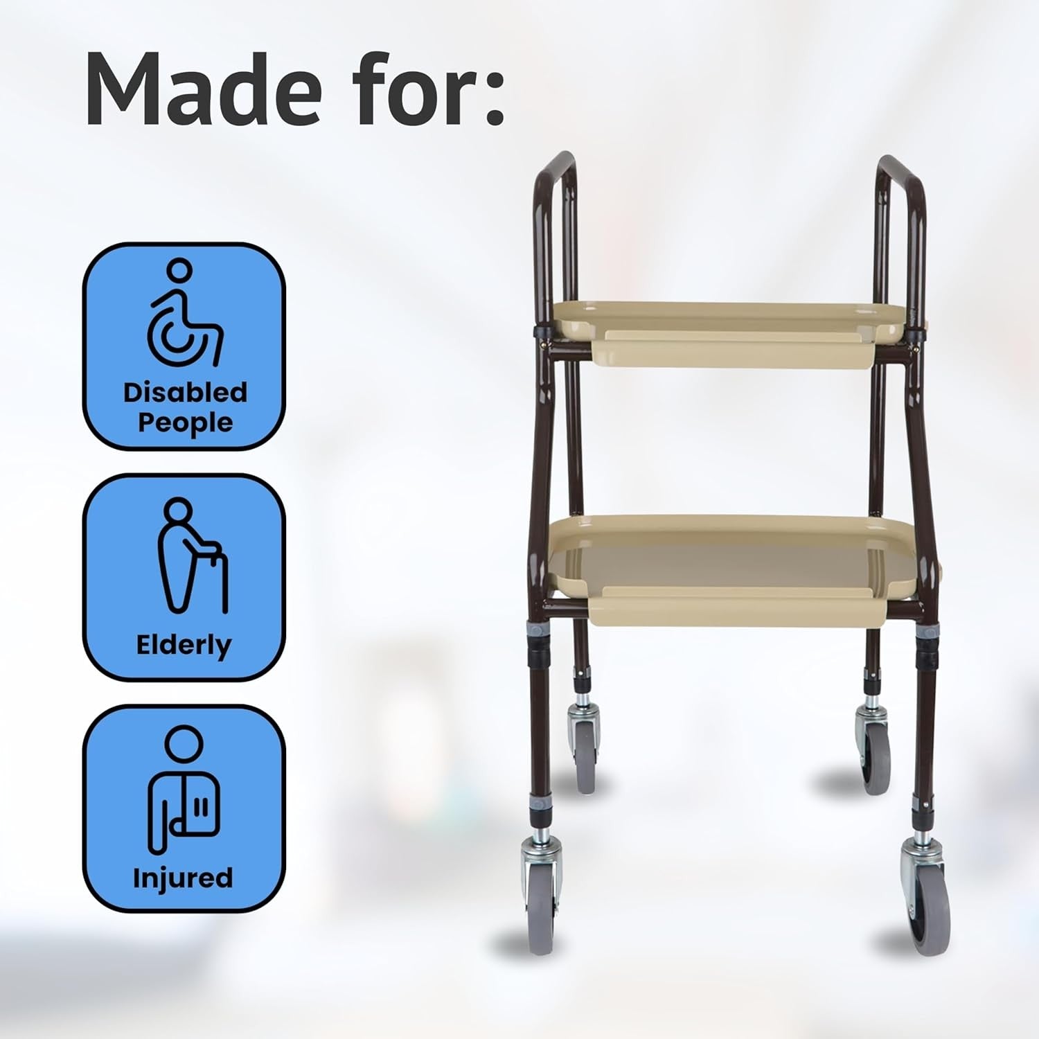 Mobility Trolley Walker with Wheels Adjustable Height Storage Shelves