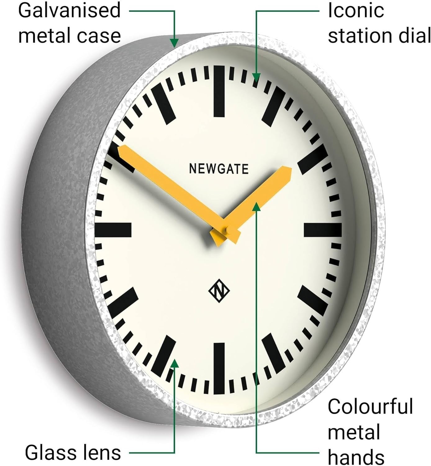 30cm Retro Silent Wall Clock Yellow Hands Galvanised Metal Industrial