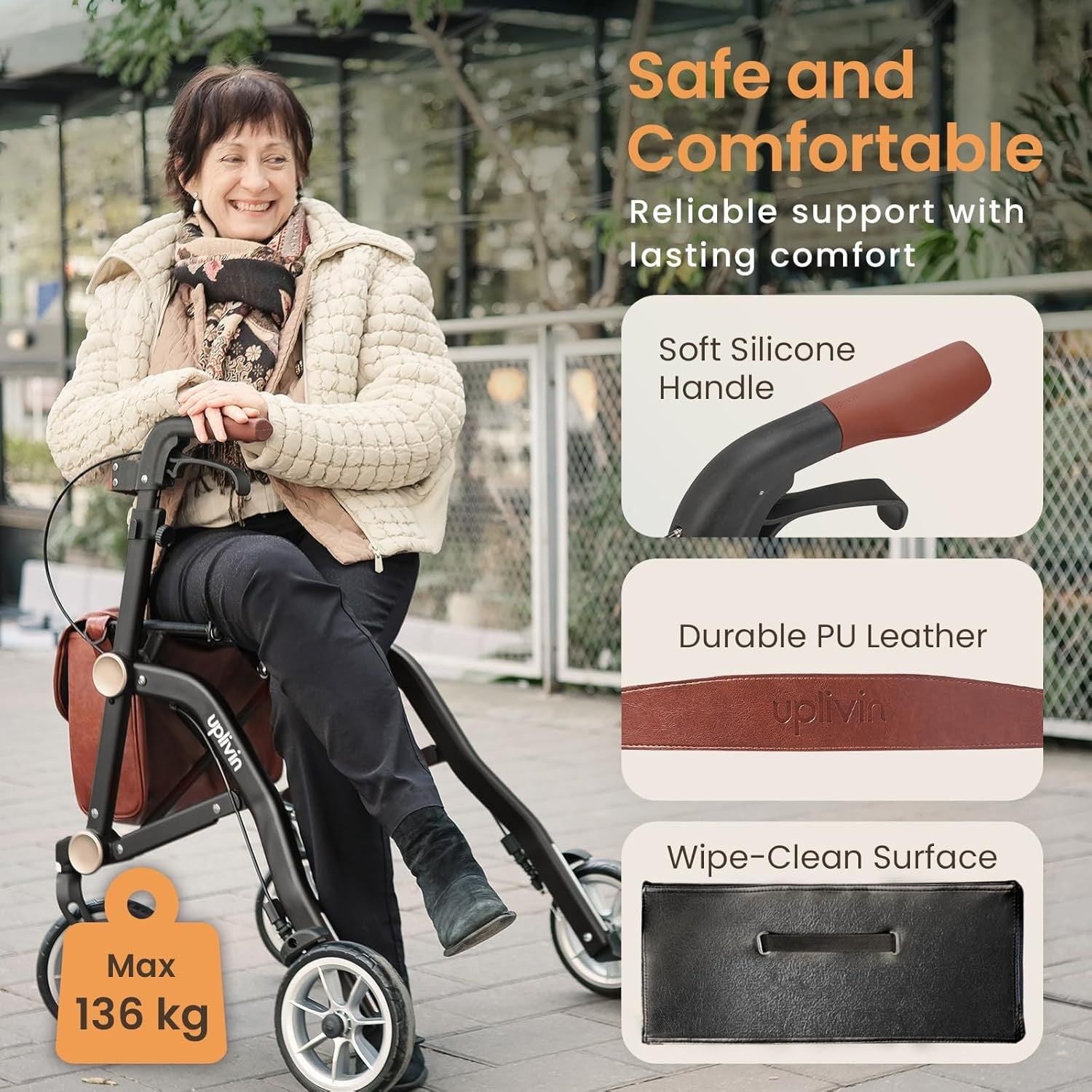 Luxury Lightweight Rollator Walker with Seat 4 Wheel Dual Folding Aluminium