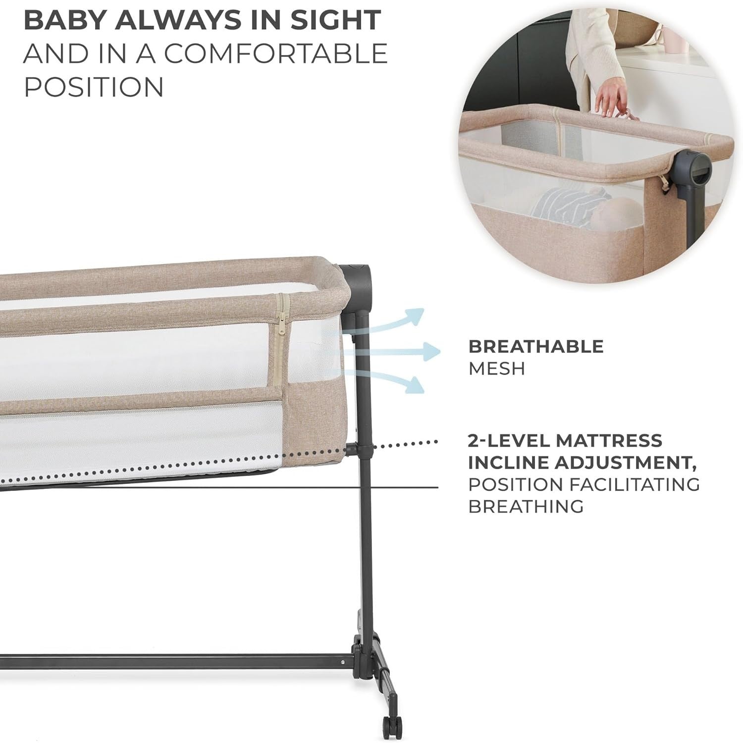 Bedside Baby Crib Co-Sleeper Cot Adjustable Height Travel Bassinet