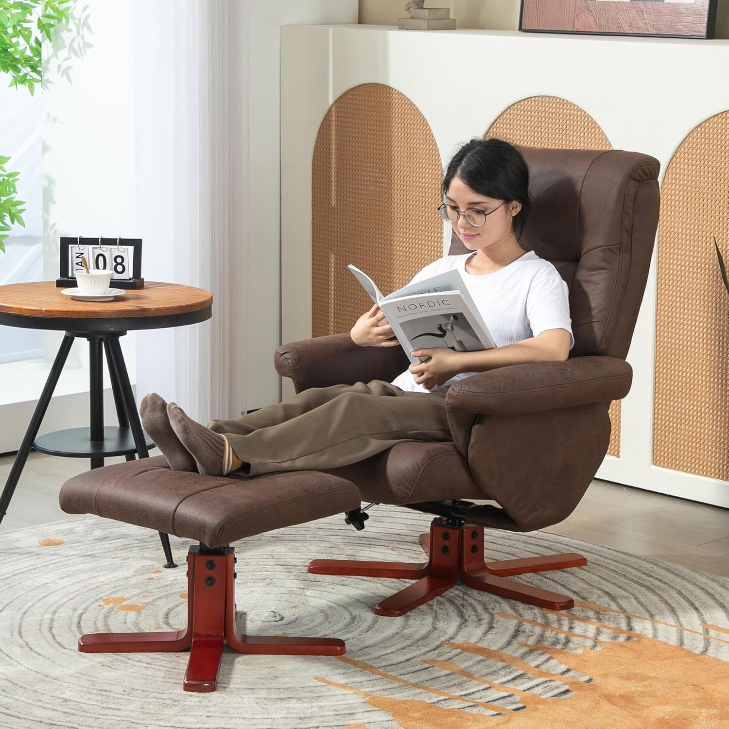 Dark Brown Recliner Armchair with Footstool Adjustable Lounge Chair for Bedroom