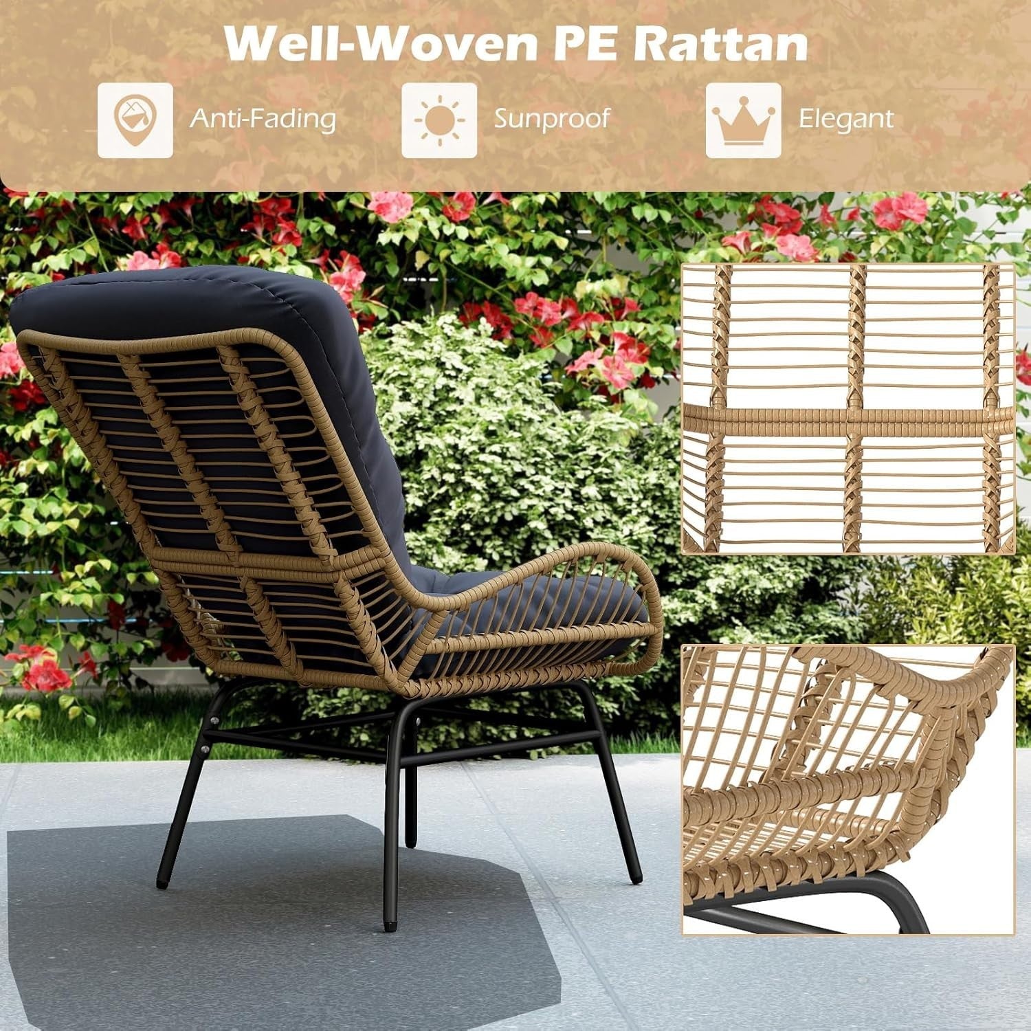 Cushioned Rattan Garden Armchair Lounge Seat Metal Frame Patio Balcony