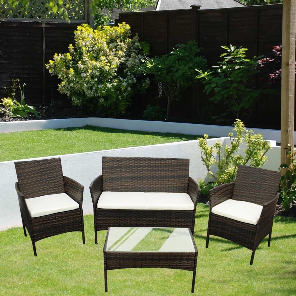 Outdoor Rattan Garden Sofa Set 4-Seater with Brown + Beige Cushions