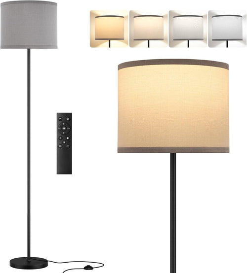 LED Floor Lamp with Remote Dimmable Black Pole Grey Shade Standing Light