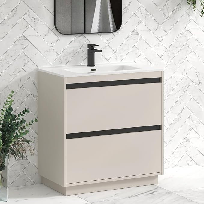 800mm Beige Floor Standing Vanity Unit with Basin Sink 2 Drawer Cabinet Modern