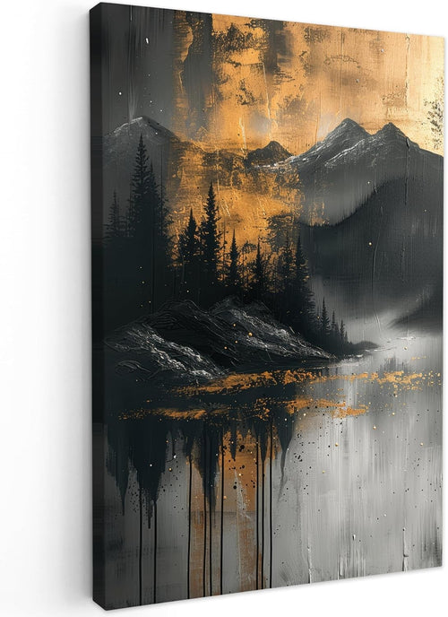 Forest Mountain Canvas Wall Art 40x60cm Gold Black Framed Modern