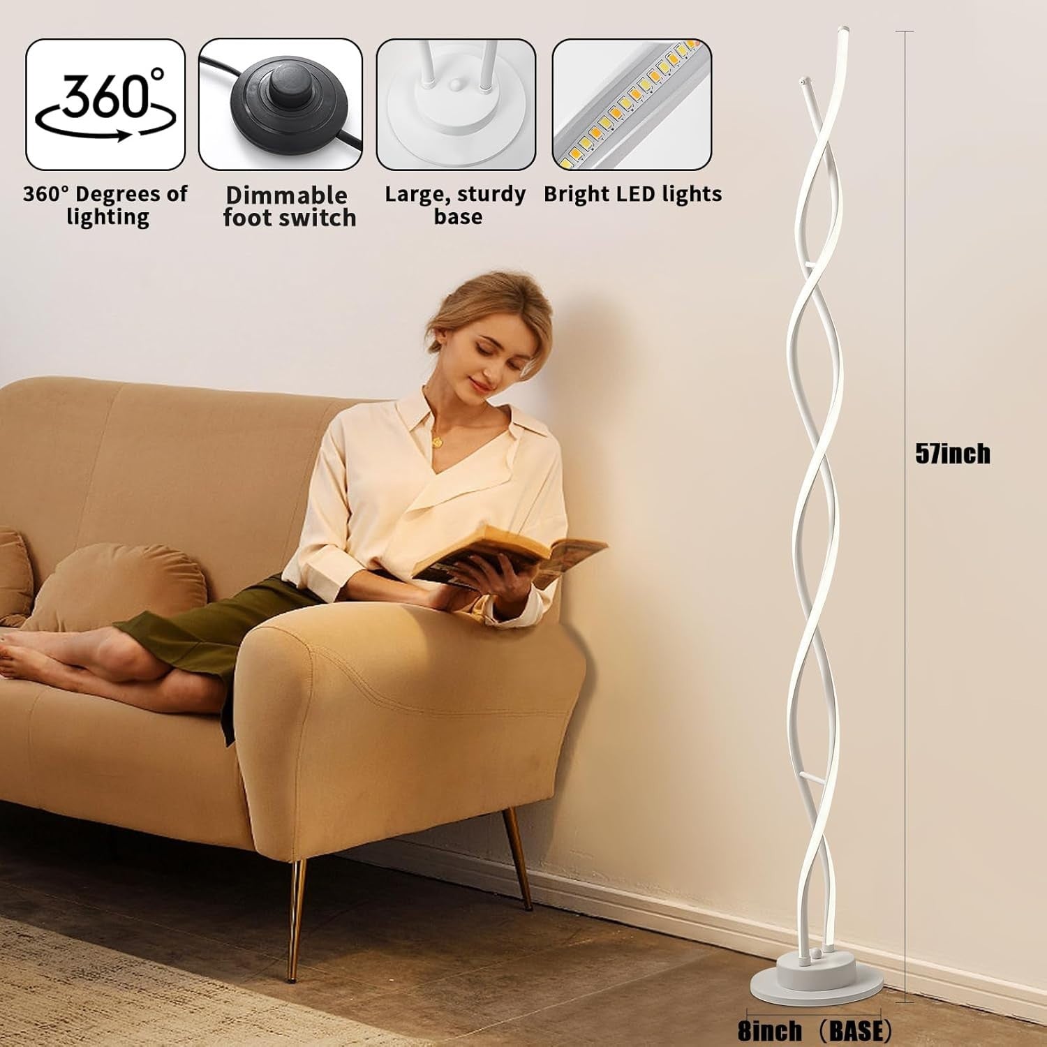 LED Floor Lamp 55” Tall, 3 Color Temps & 5 Brightness Levels, Remote Control