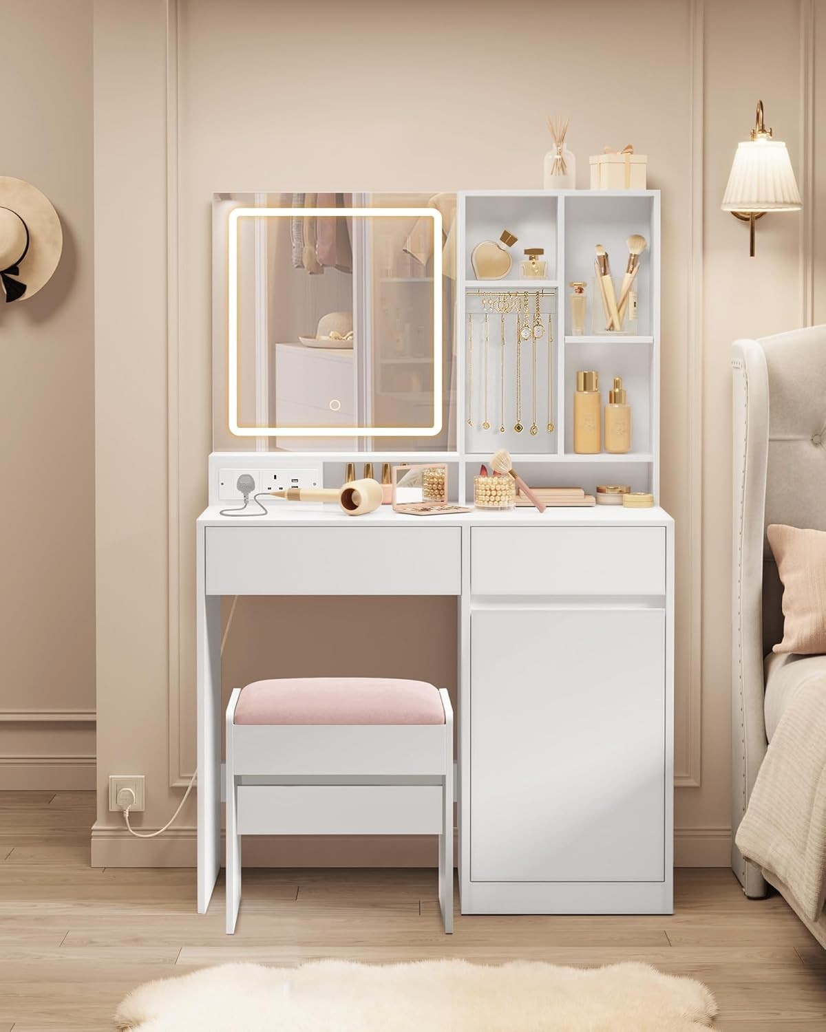 Vanity Dressing Table Desk w/ Lighted Mirror USB AC Outlet Storage Drawers