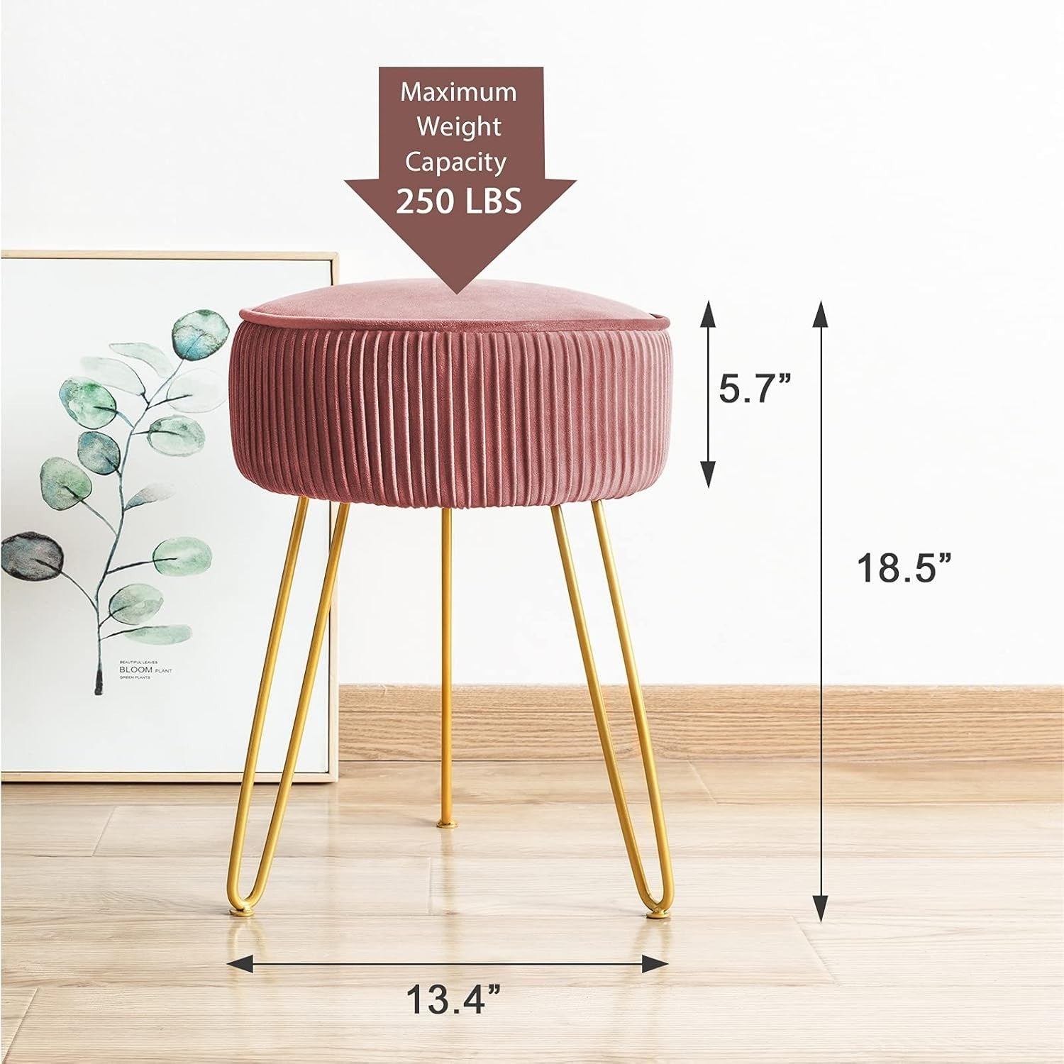 Pink Velvet Pleated Vanity Stool Round Ottoman with Gold Metal Legs