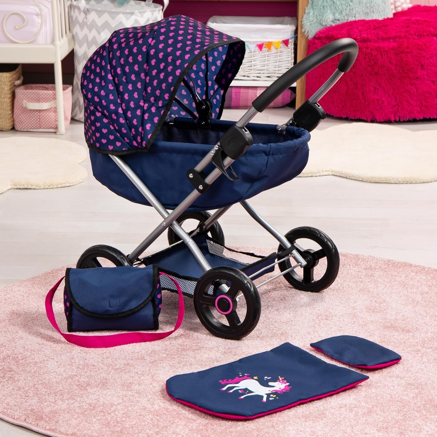 Dolls Pram Cosy Pushchair Foldable with Bag Blanket Pillow Basket