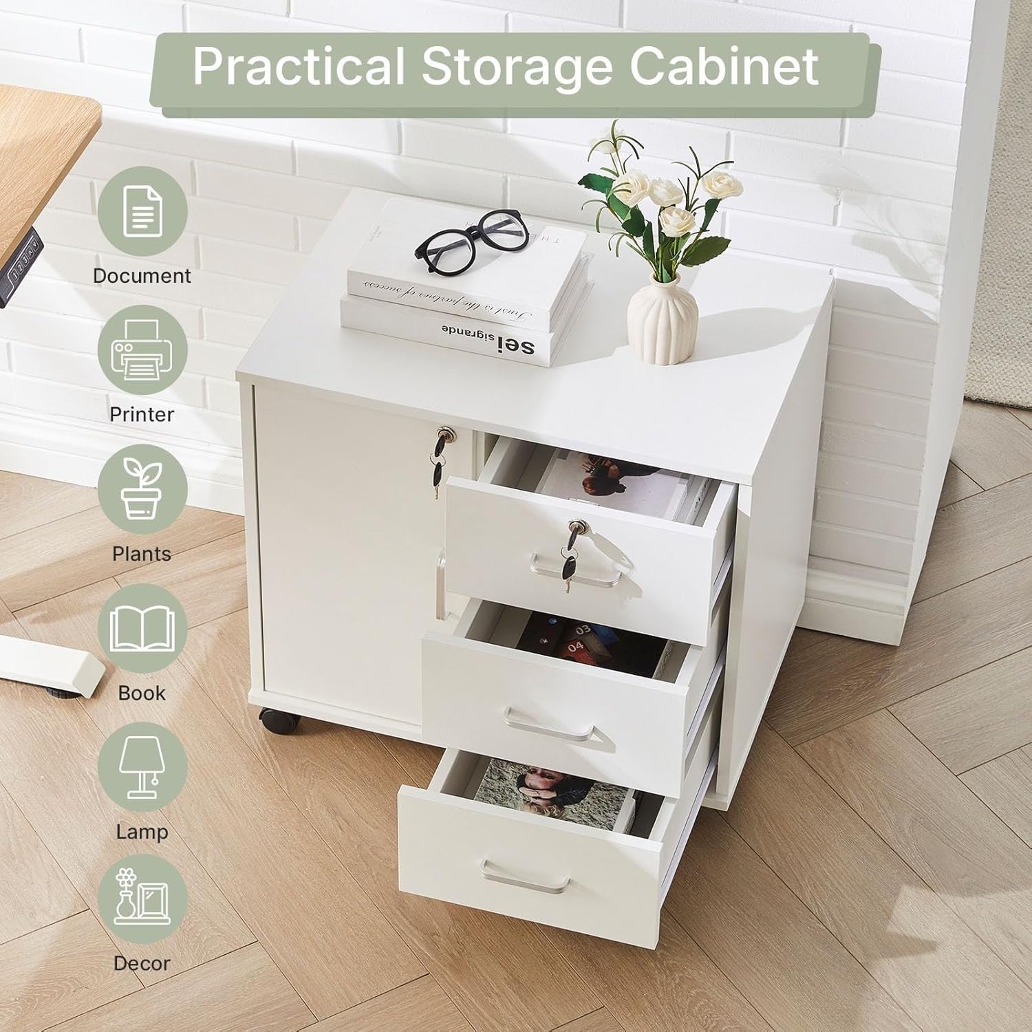 Locking Mobile File Cabinet 3 Drawer Printer Stand Rolling Office Storage