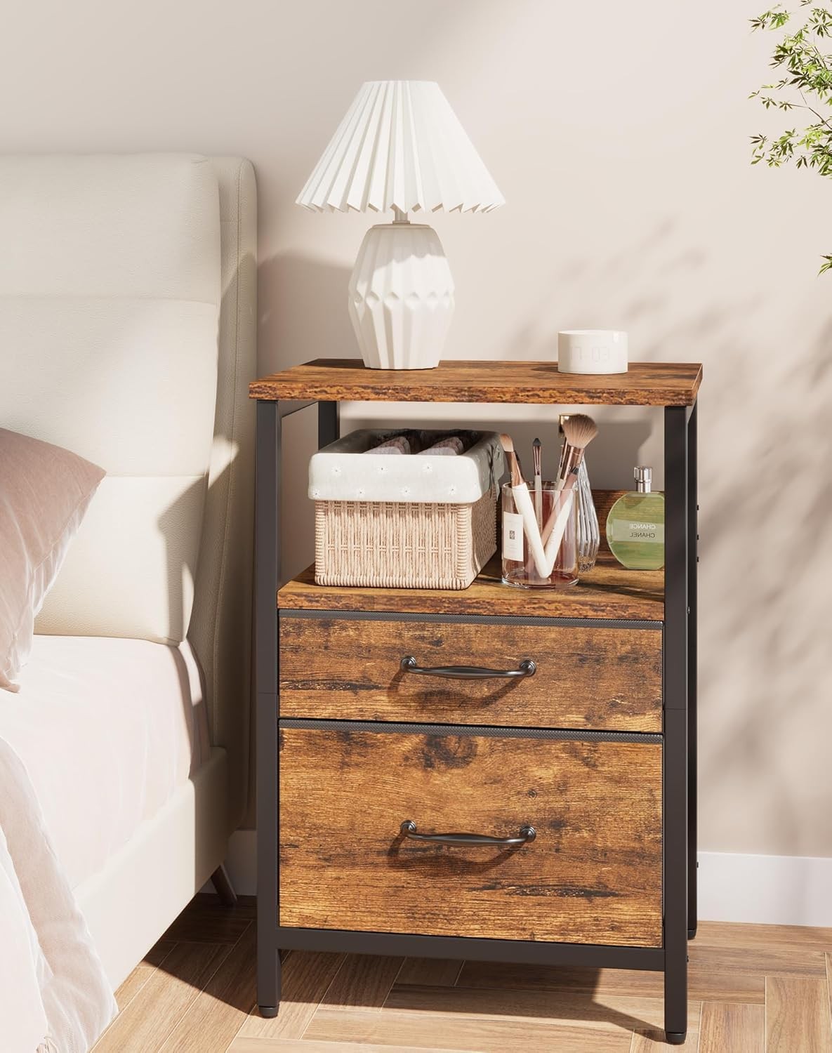 Rustic Brown Bedside Table with 2 Drawers & Open Shelf – Metal Frame Storage Uni