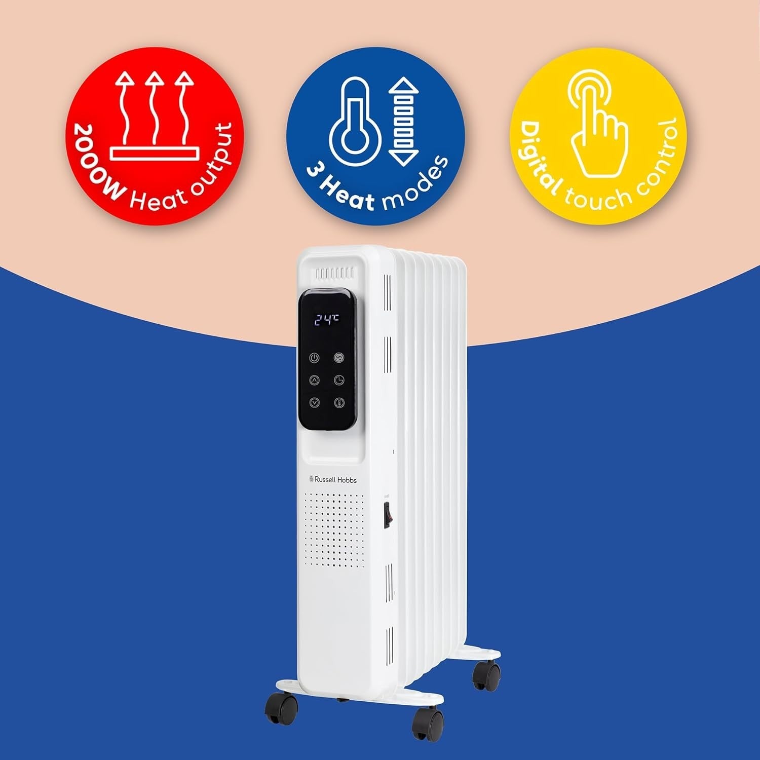 2000W White Oil Filled Radiator 9 Fin Digital Remote Timer Heater