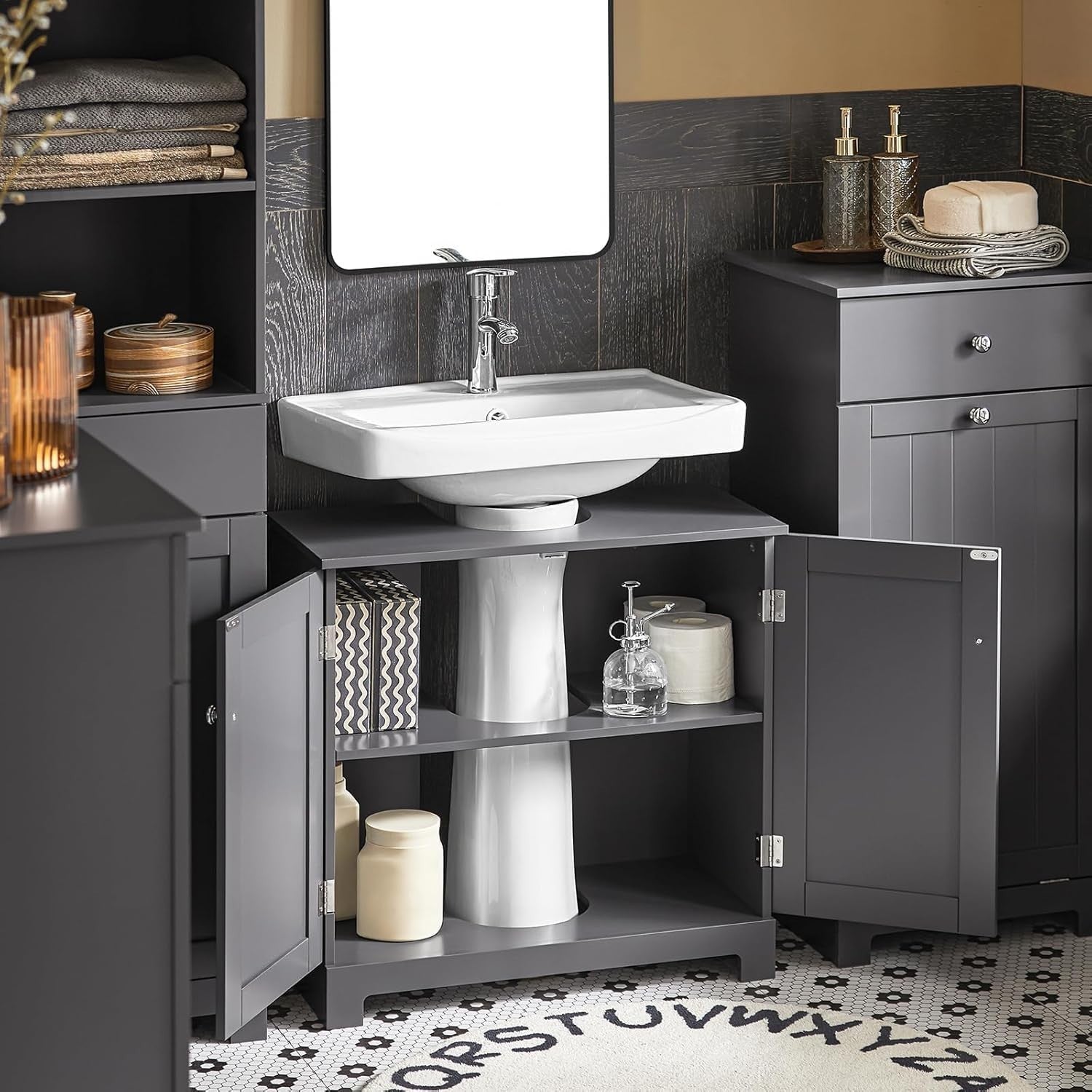 Modern Under Sink Bathroom Cabinet 60x60cm – Dark Grey MDF Storage Unit w/ Shelf