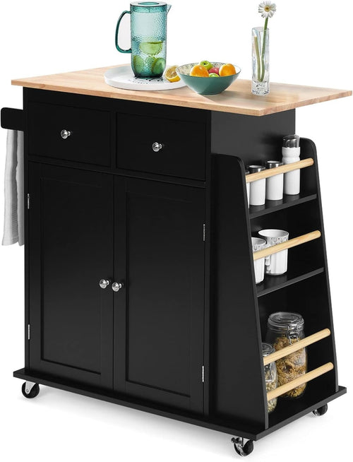 Kitchen Island Trolley with 2 Drawers & Spice Rack Black 88x45x90cm