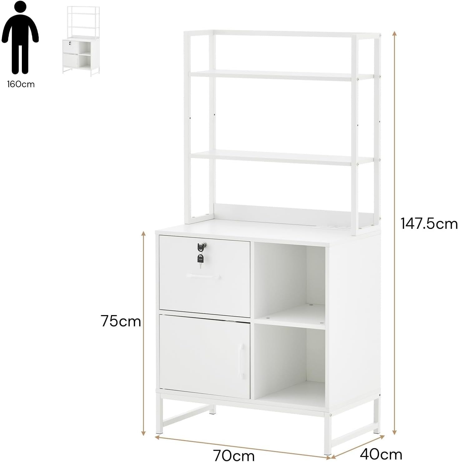 Lockable Filing Cabinet Stand with Charging Station 3 Tier Shelves White