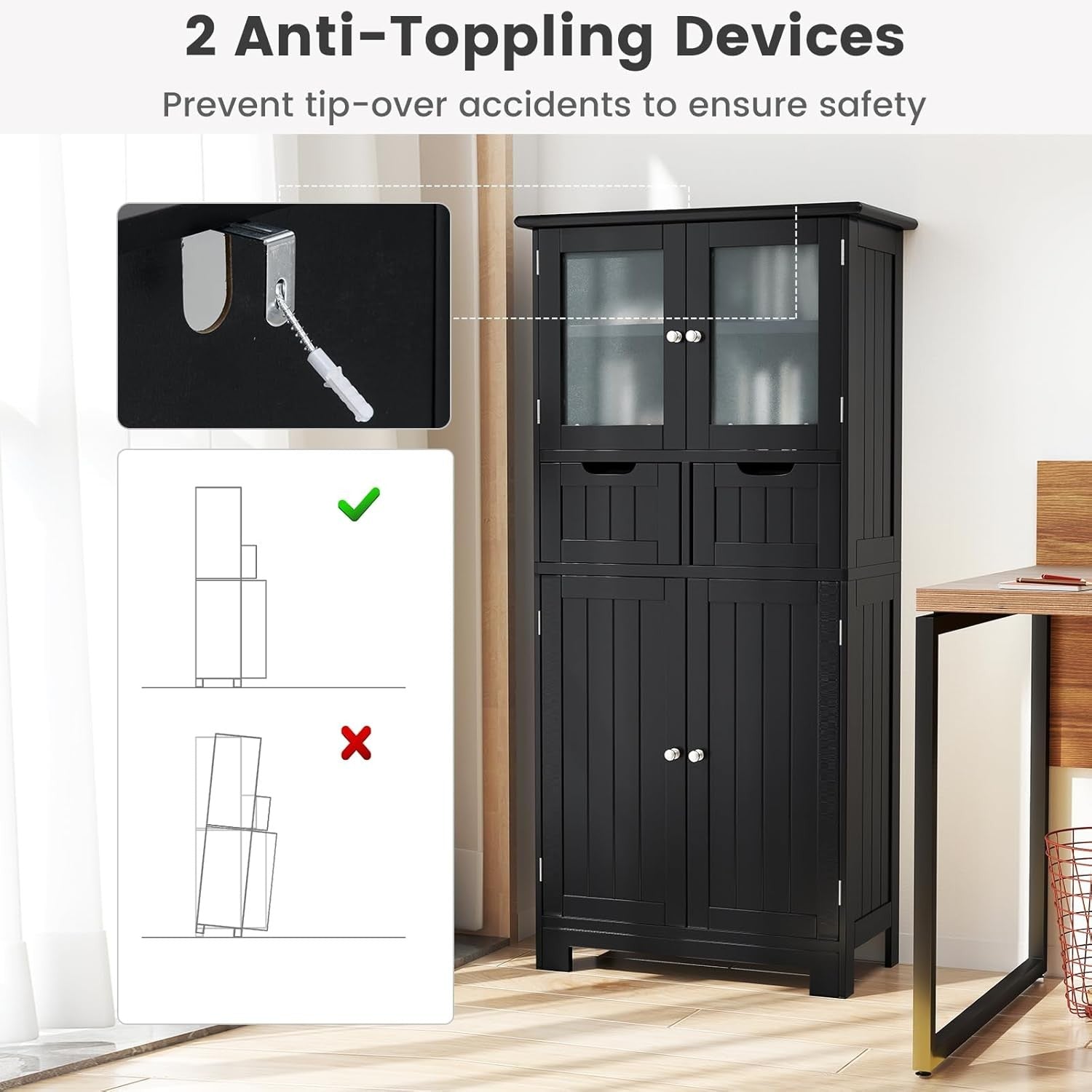 Black Freestanding Storage Cabinet with Glass Doors & Drawers Shelves