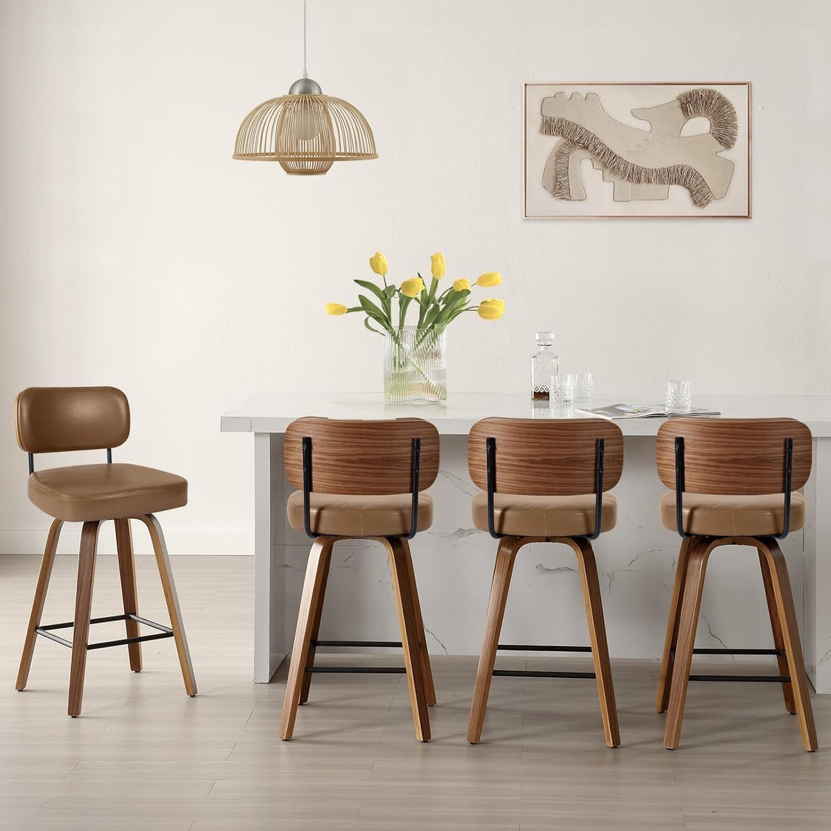Brown PU Leather Swivel Bar Stools Set of 4 | Wooden Counter Chairs