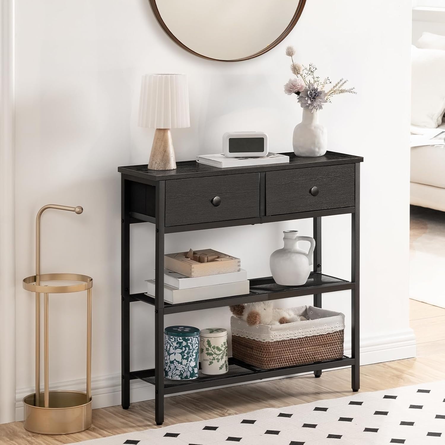 Slim Console Table with 2 Drawers, Storage Shelves, Compact Hallway & Living Roo