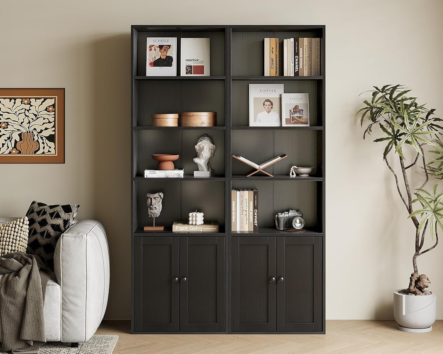Tall 6 Tier Bookcase With Cabinet Storage Shelves Modern Freestanding Black