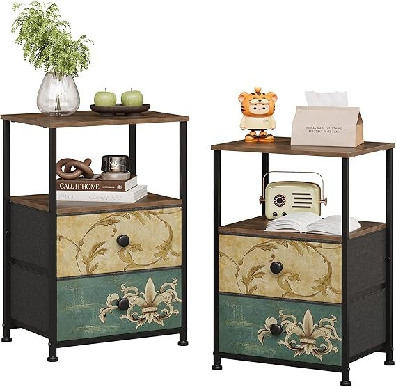 Vintage 2-Piece Bedside Tables with Drawers & Open Shelves, Rustic Storage Units