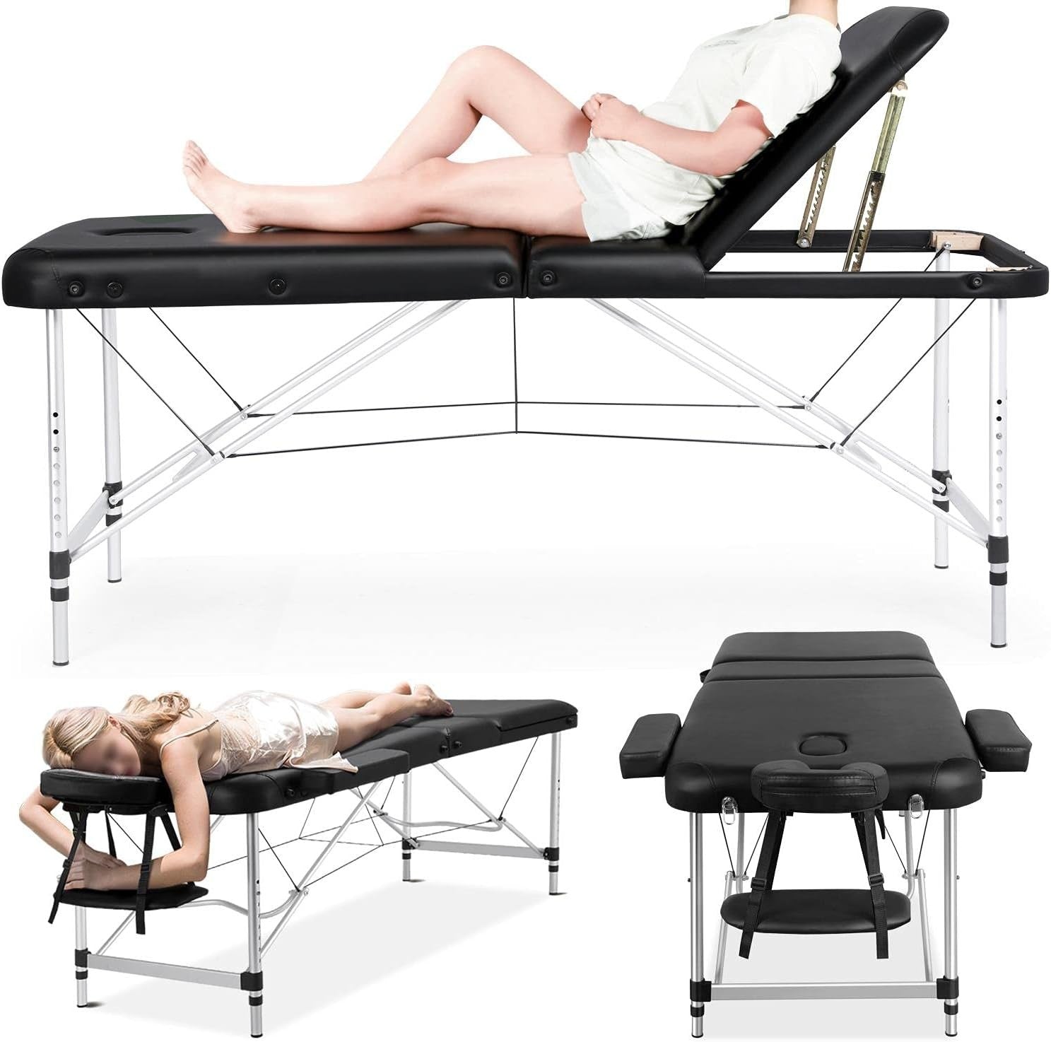 Portable Aluminum Massage Table Adjustable 3-Section Beauty Spa Bed Black 70cm