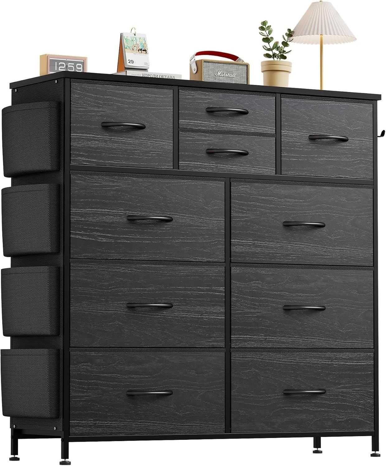 Black Wood Grain 10 Drawer Tall Chest with Fabric Drawers & Side Storage