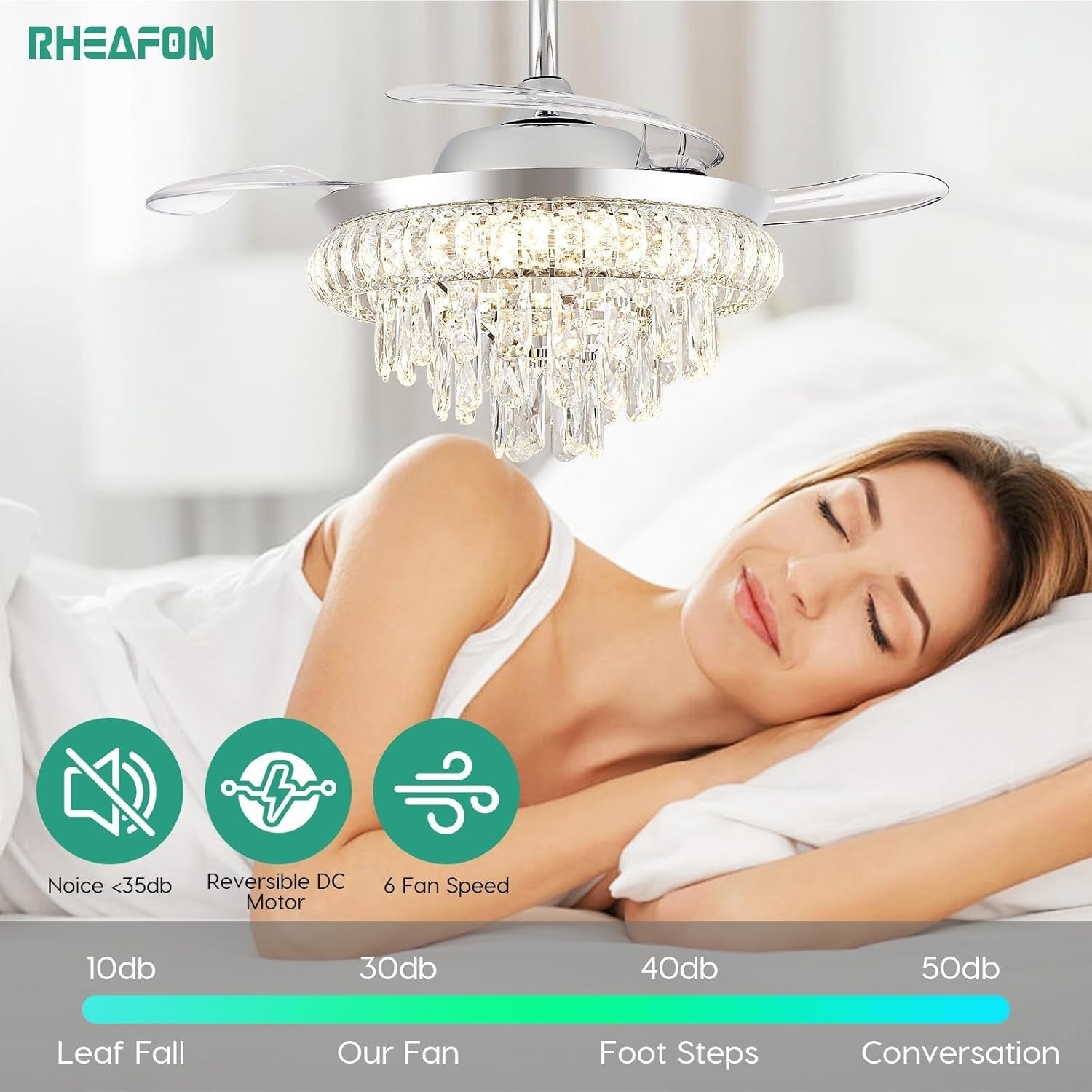 Crystal Ceiling Fan, 6 Speeds, Dimmable LED, Remote, Retractable