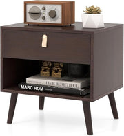 Mid-Century Bedside Table with Drawer & Shelf, Solid Wood Legs, Small Space