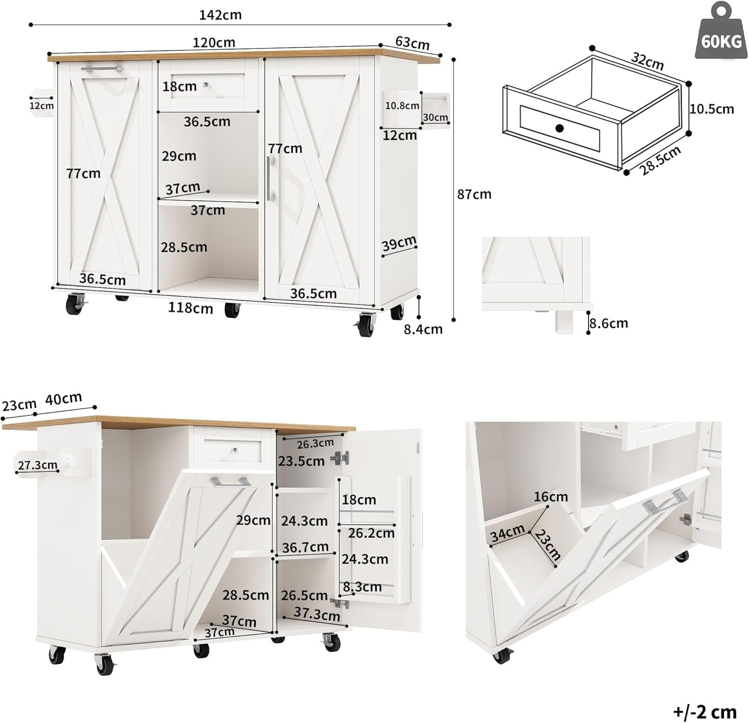 White Rolling Kitchen Island Foldable Table Storage