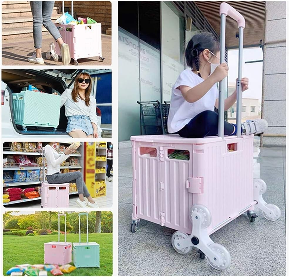 Beige Foldable 8-Wheel Stair Climber Cart Lightweight Portable Rolling Trolley