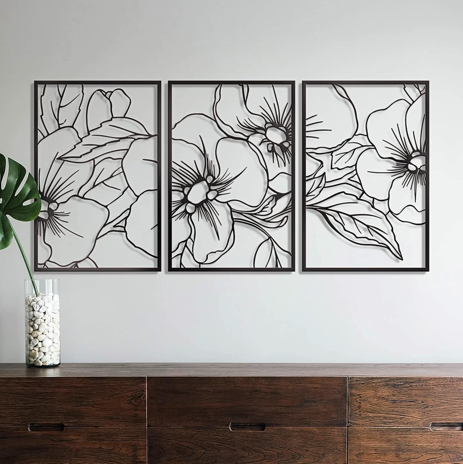 Black Minimalist Floral Wall Art 18x12in 3-Pack Metal Decor