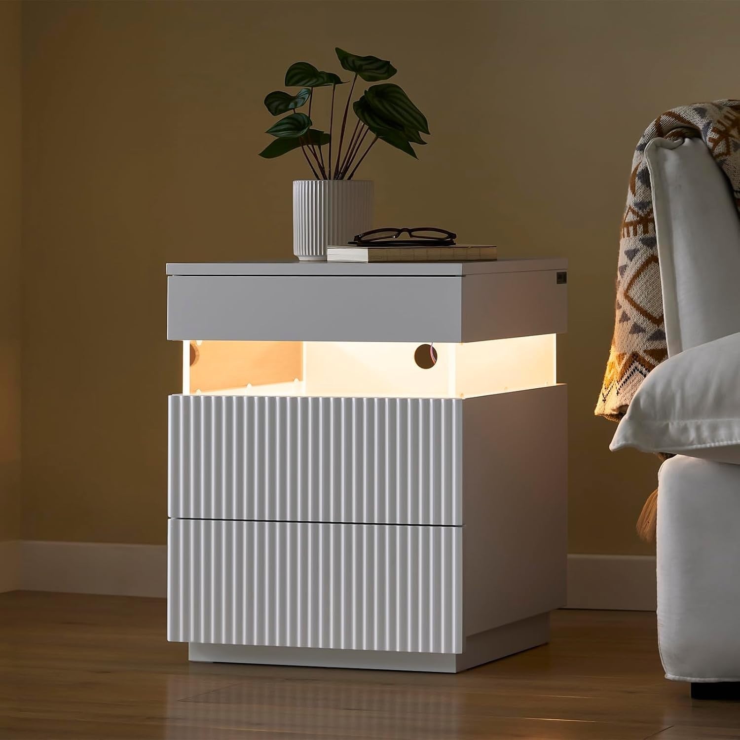 Modern White Bedside Table with LED Light & 3 Drawers – Ambient Nightstand