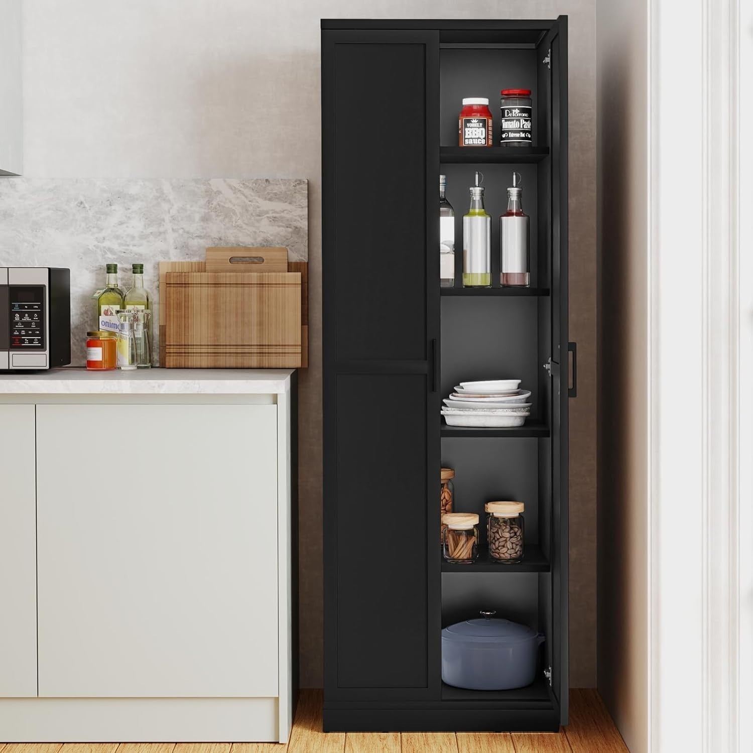 Tall Kitchen Cupboard 5-Tier Storage Cabinet 2 Doors Black