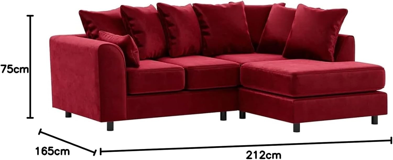 Red Plush Velvet 4 Seater L Shape Corner Sofa RH Chaise Full Foam Comfort