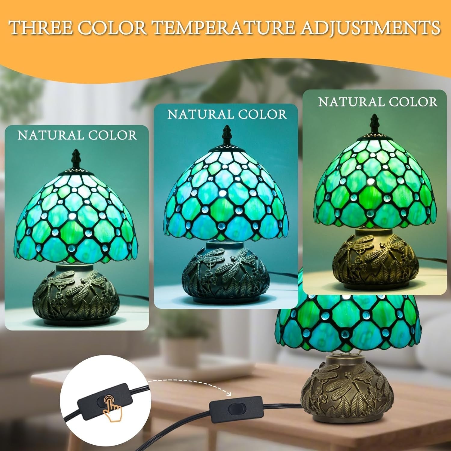Tiffany Style Stained Glass Desk Lamp with Dragonfly Base, 3 Color Modes