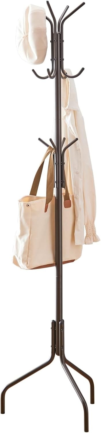 Freestanding Coat Rack with 12 Hooks | Brown Metal Hat & Scarf Stand