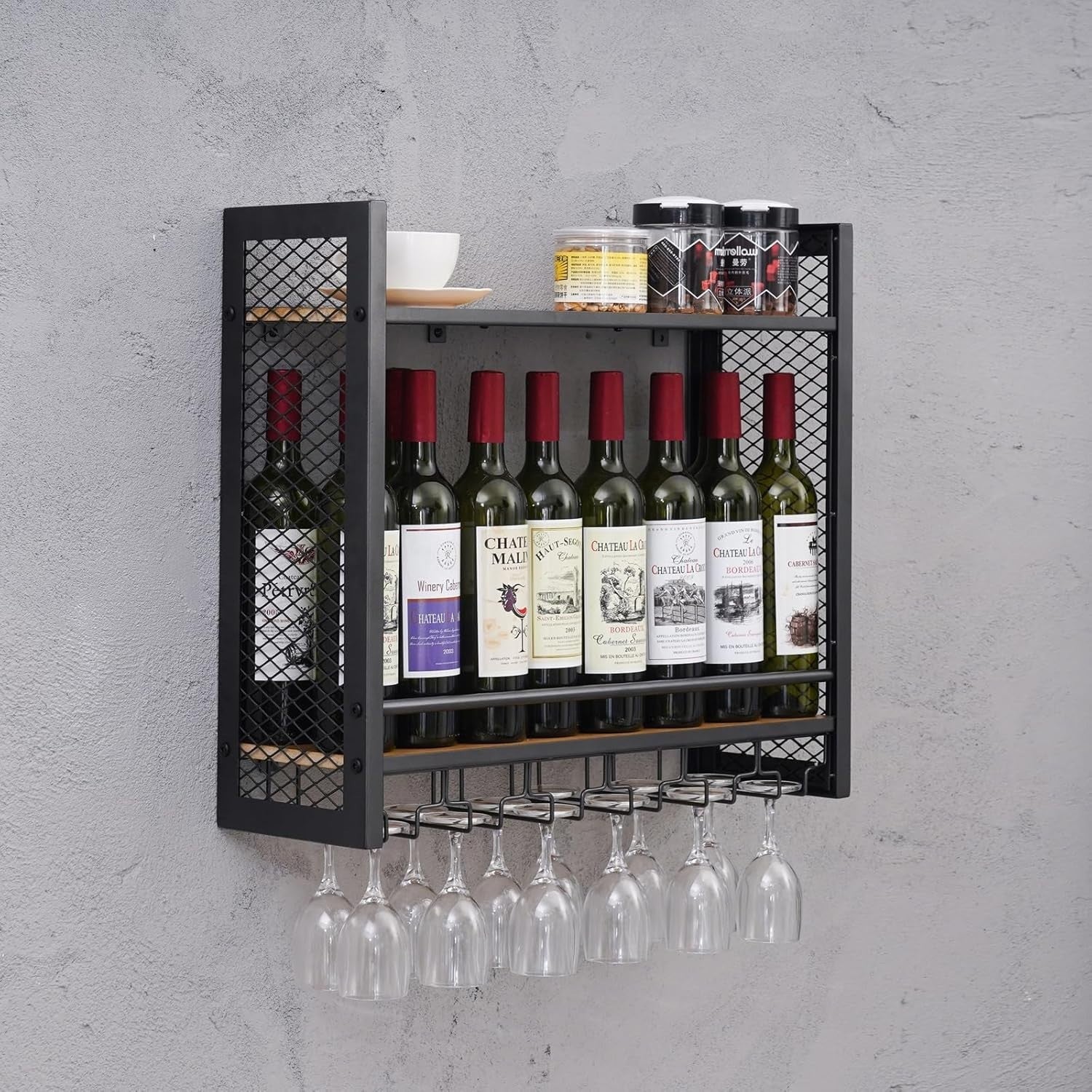 Wall Mounted Wine Rack 2 Tier Metal Wine Shelf with Glass Holder Black