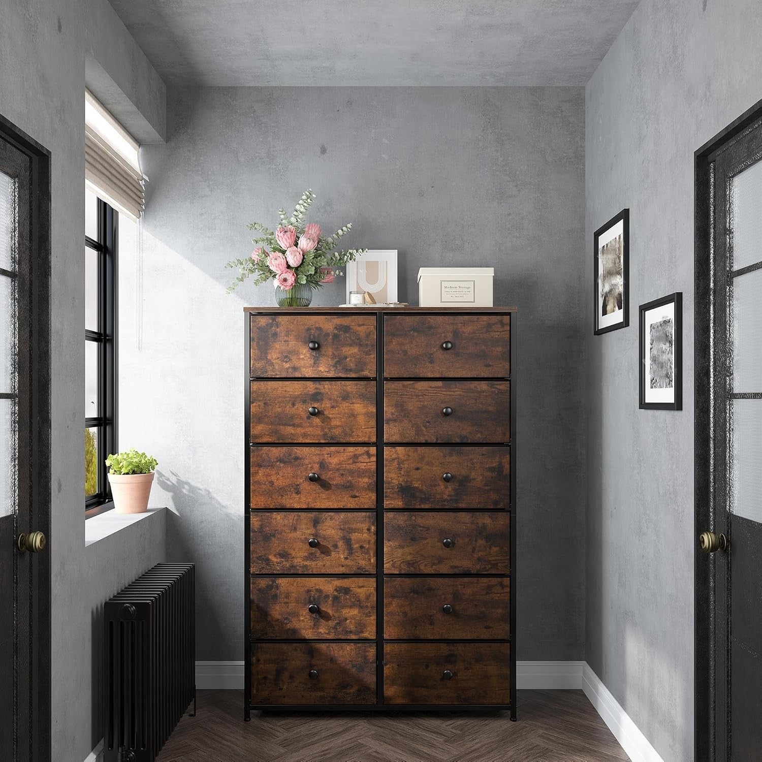 Tall 12 Drawer Chest Rustic Brown Fabric Storage Unit Metal Wood Frame