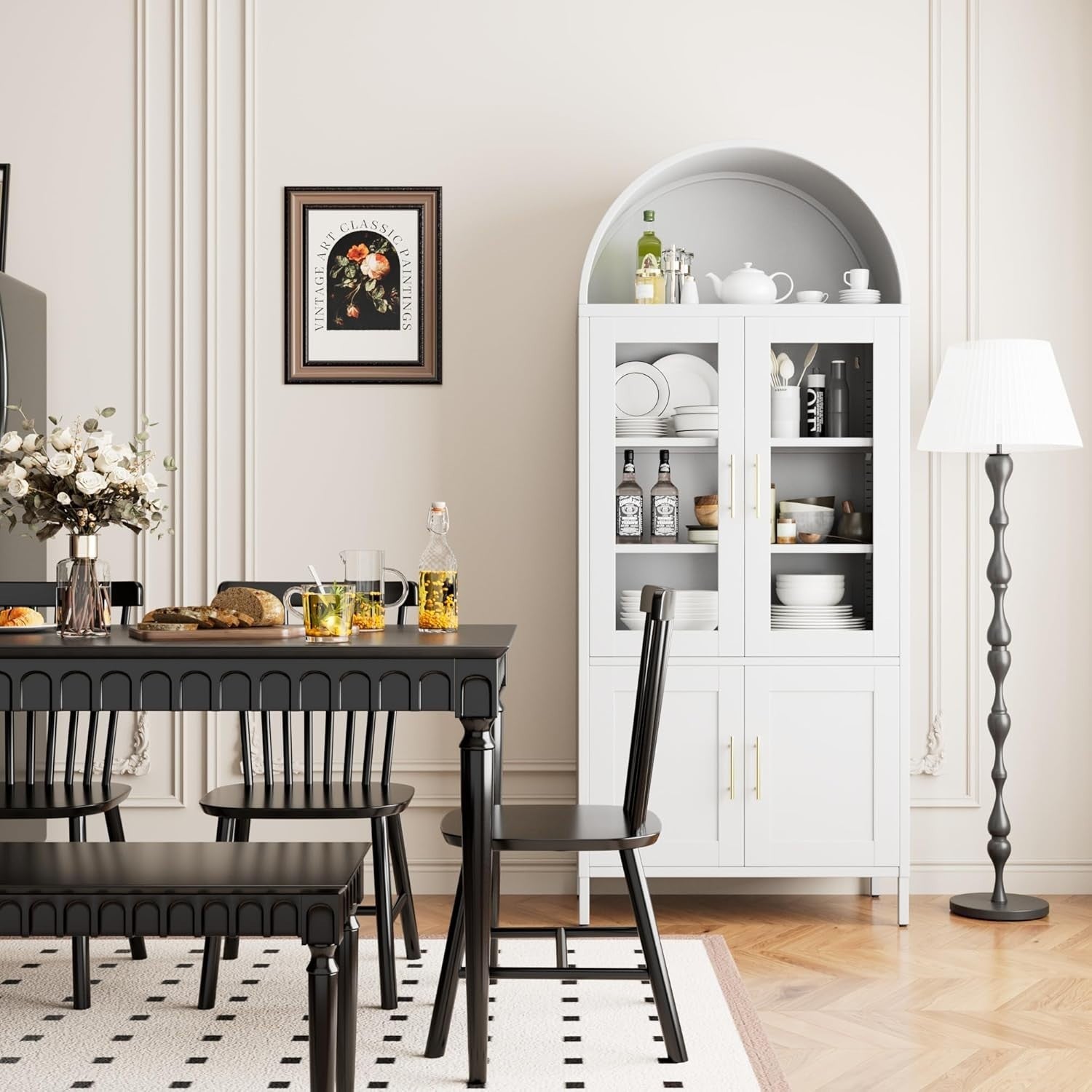 Tall White Kitchen Pantry Cabinet Glass Doors Metal Storage 185cm Modern