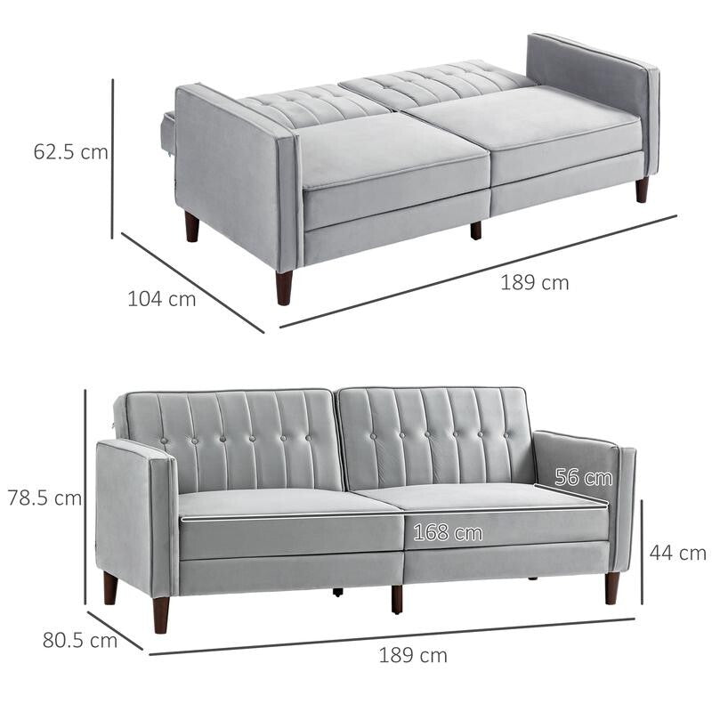 3 Seater Velvet Sofa Bed Light Grey Click Clack Couch Split Back Guest Bed
