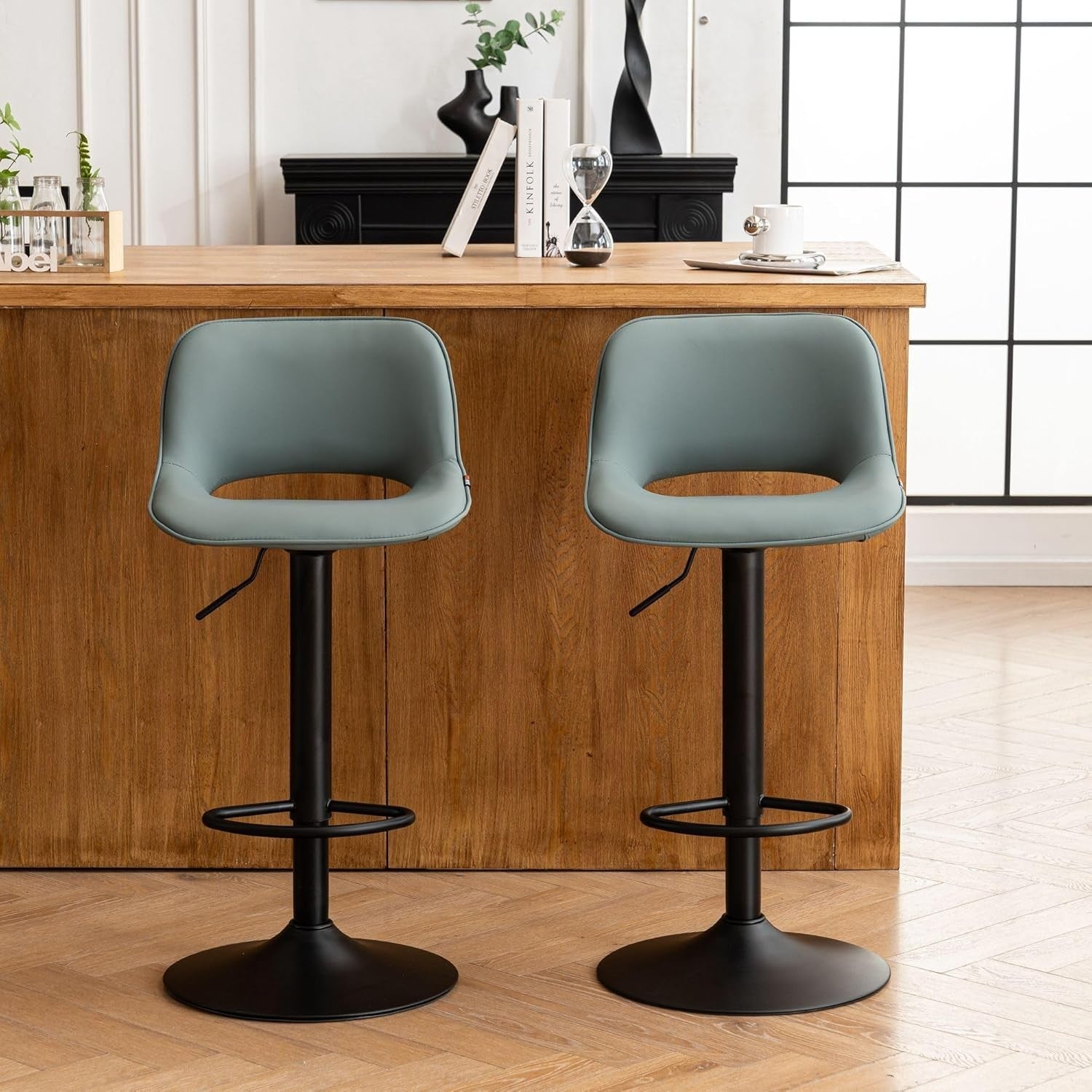 Adjustable Swivel Bar Stools 2pcs Faux Leather Counter Height Greyish Green