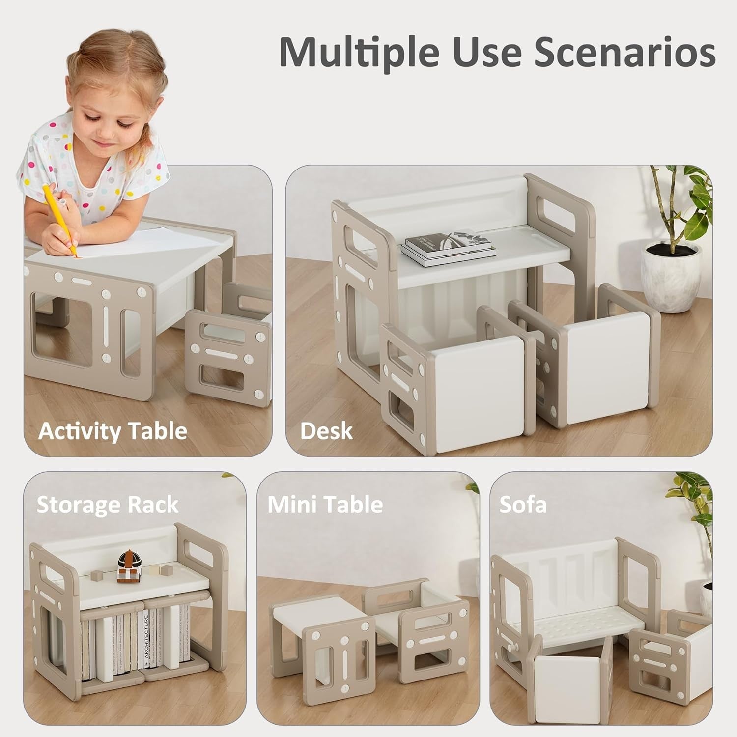 Kids Montessori Table & 2 Chairs Set, Plastic Activity Desk & Stools Khaki