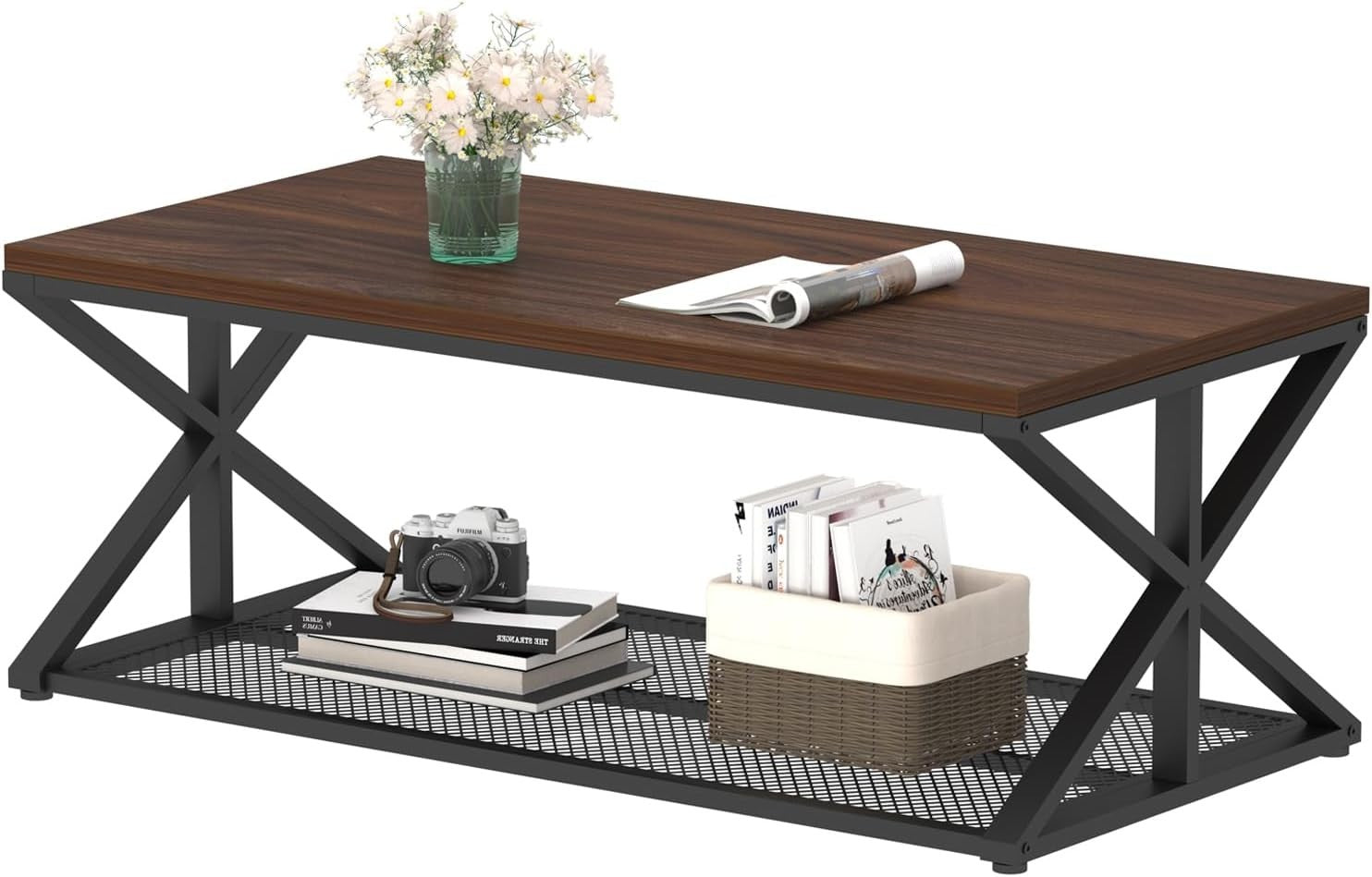 Walnut Coffee Table with Storage Shelf – Industrial 2-Tier Metal Frame 120cm