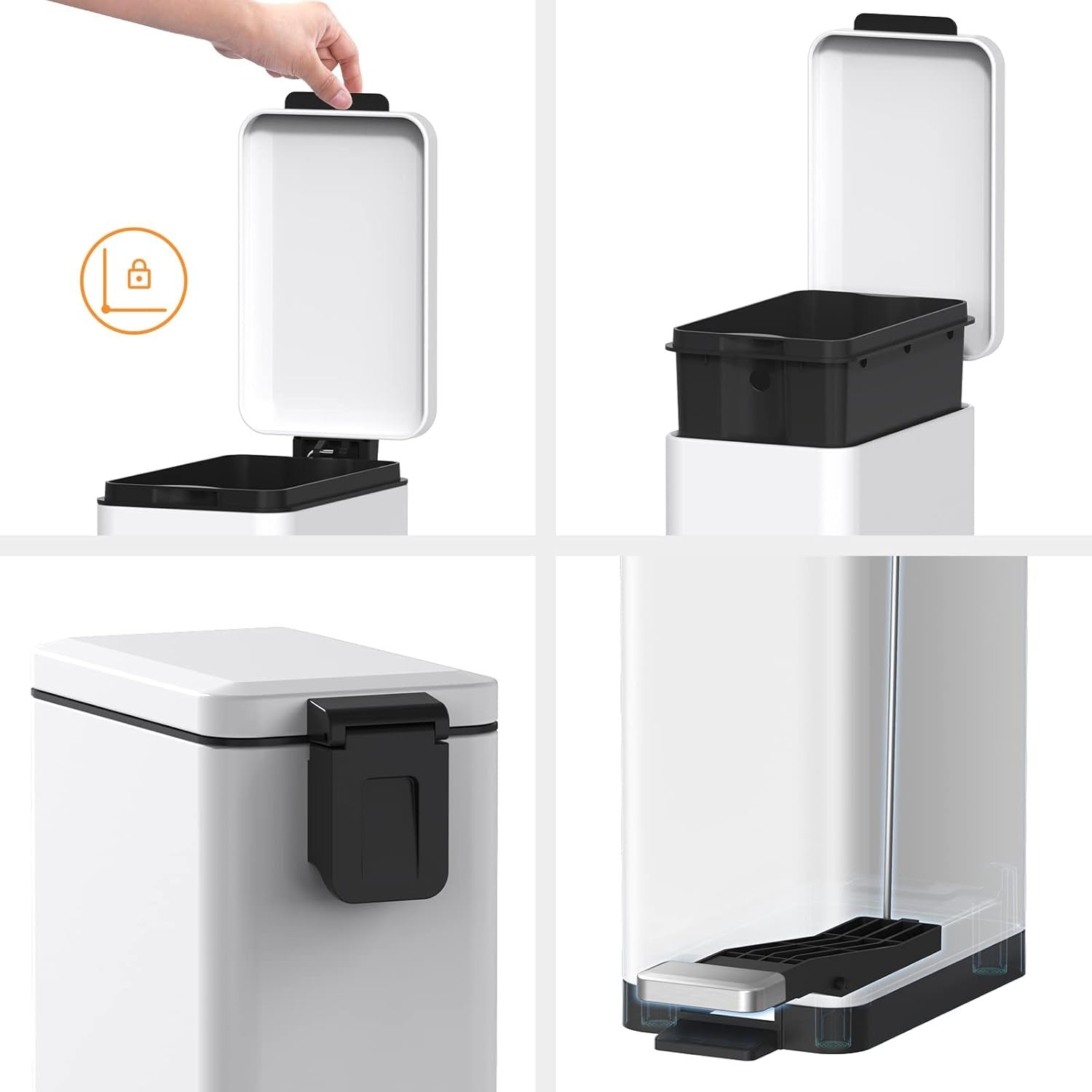 10L Slim Stainless Steel Step Trash Can Soft Close Pedal Bin White