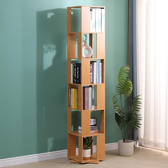 Rotating 6-Tier Tall Bookshelf Slim Corner Display Storage Rack Beech Wood