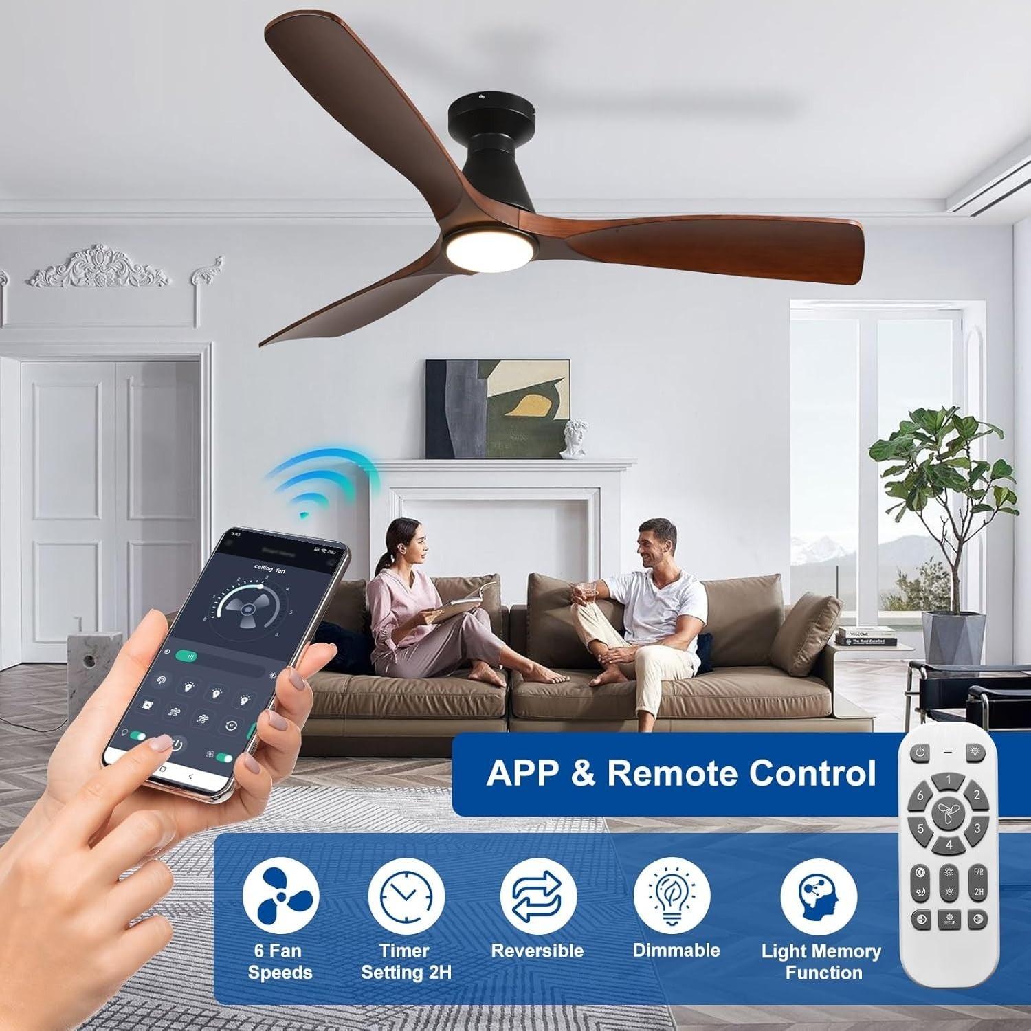 52-Inch Walnut Ceiling Fan with Light, Quiet DC Motor, Remote Control