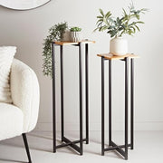 Set of 2 Tall Plant Stands Metal Wood Indoor Outdoor Modern Flower Pot Holders