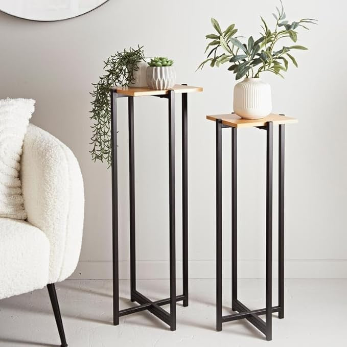Set of 2 Tall Plant Stands Metal Wood Indoor Outdoor Modern Flower Pot Holders