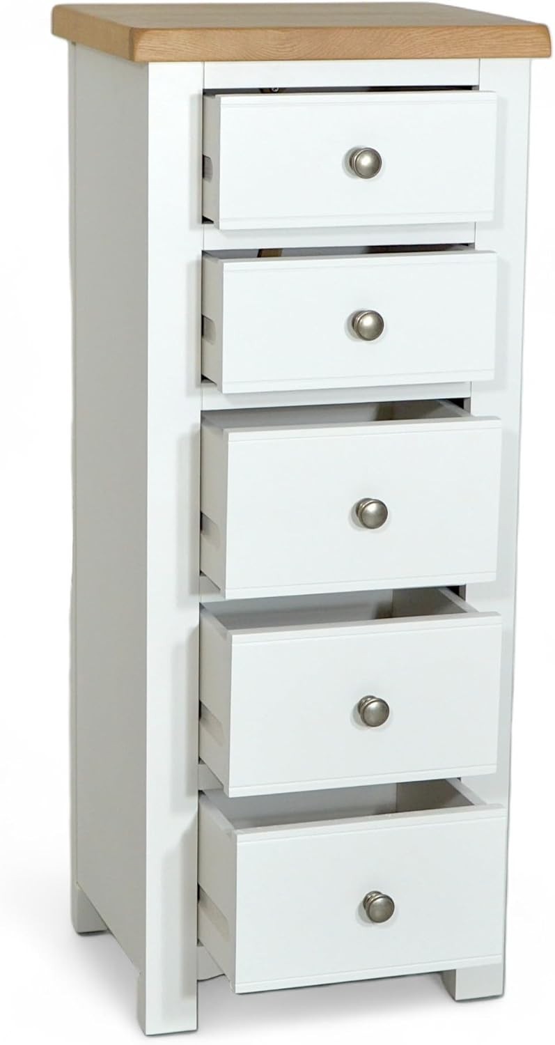 White 5 Drawer Tallboy Chest Slim Storage Bedroom Cabinet 116cm High